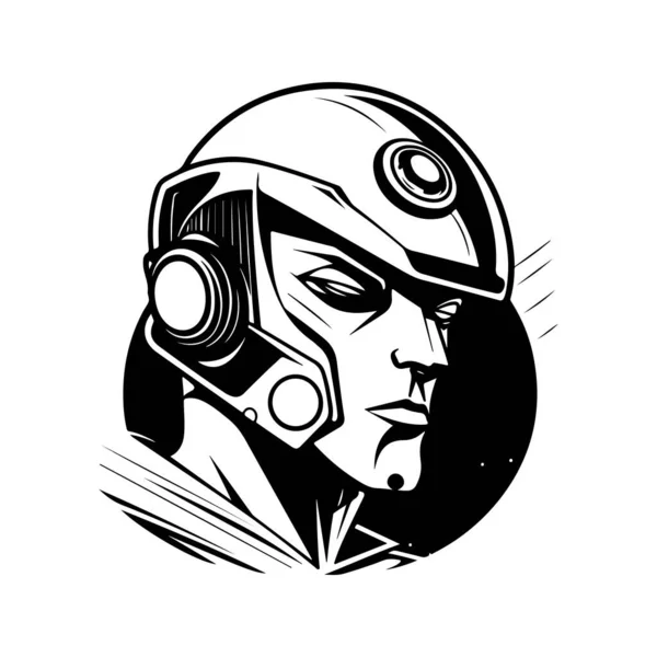 Futuristische Weltraum Held Vintage Logo Linie Kunstkonzept Schwarz Weiße Farbe — Stockvektor