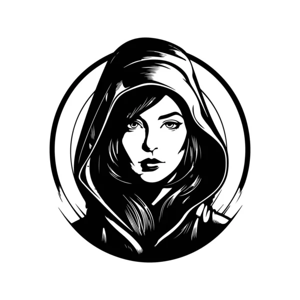 Femme Futuriste Capuche Vintage Logo Ligne Art Concept Noir Blanc — Image vectorielle