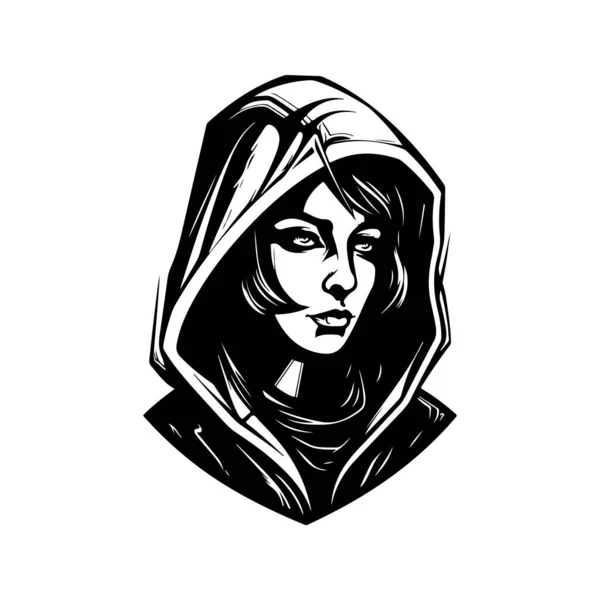 Futurystyczna Kobieta Kapturze Vintage Logo Linii Koncepcji Sztuki Czarno Biały — Wektor stockowy
