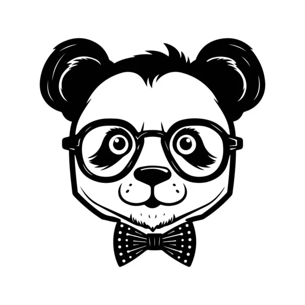 Geek Panda Fiú Vintage Logó Vonal Művészet Koncepció Fekete Fehér — Stock Vector