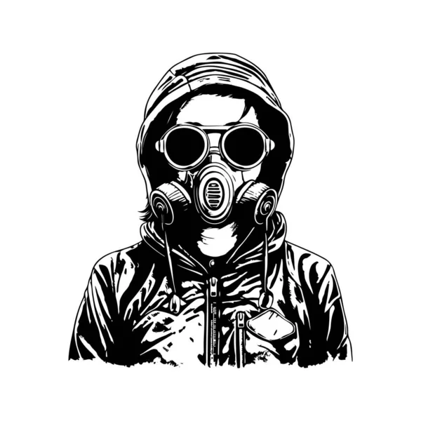 ジャケットとガスマスクを身に着けている女の子 ヴィンテージロゴラインアートコンセプト黒と白の色 手描きイラスト — ストックベクタ