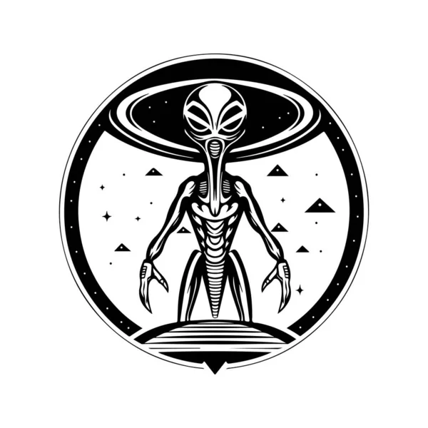 Giant Alien Vintage Logo Line Art Concept Black White Color — Stock Vector