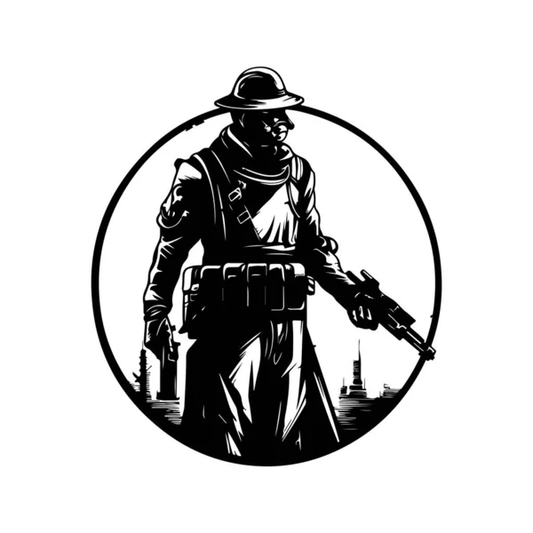 英勇的军事科幻小说 老式标志线艺术概念黑白色彩 手绘插图 — 图库矢量图片