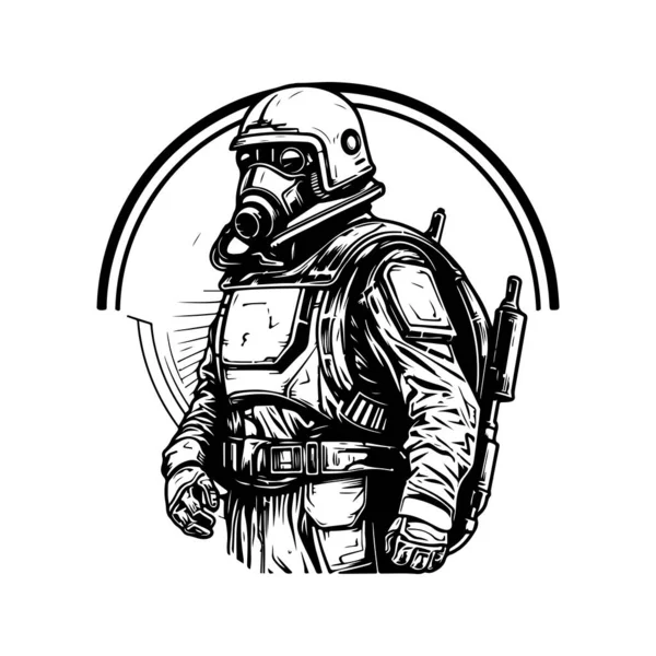 Heroische Militärische Science Fiction Vintage Logo Linie Kunstkonzept Schwarz Weiße — Stockvektor