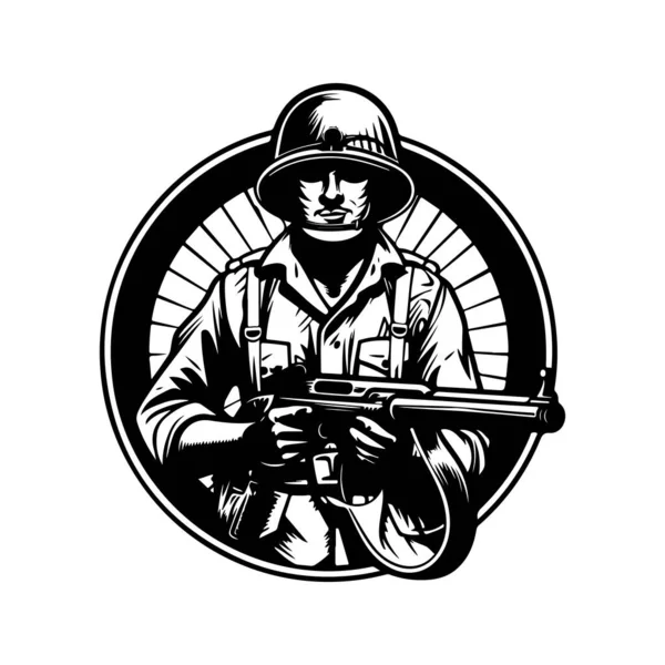Infanteri Dengan Senjata Logo Vintage Konsep Seni Hitam Dan Putih - Stok Vektor