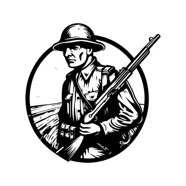 Infanterist Mit Waffe Vintage Logo Linie Kunstkonzept Schwarz Weiß Farbe — Stockvektor
