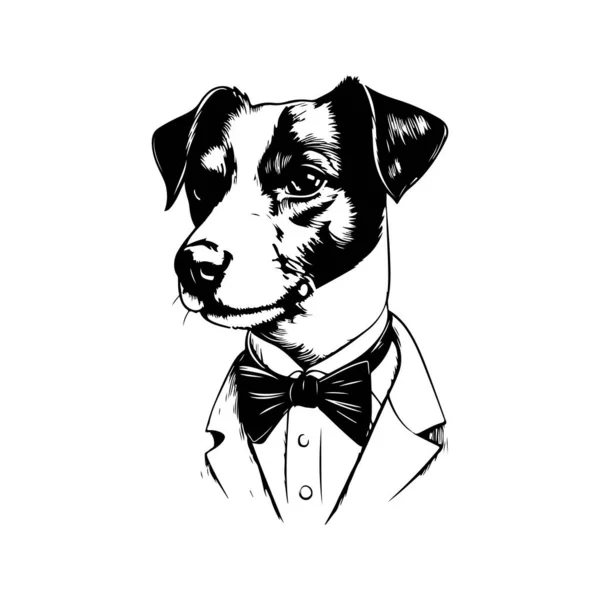 鲁塞尔犬穿西服 老式标志线条艺术概念黑白色彩 手绘插图 — 图库矢量图片