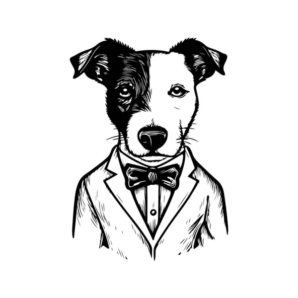 Jack Russell Terrier Trägt Anzug Vintage Logo Linie Kunstkonzept Schwarz — Stockvektor
