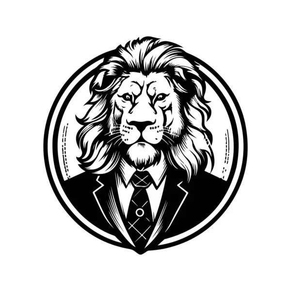 Льва Носить Костюм Винтажный Логотип Линии Художественной Концепции Черно Белый — стоковый вектор