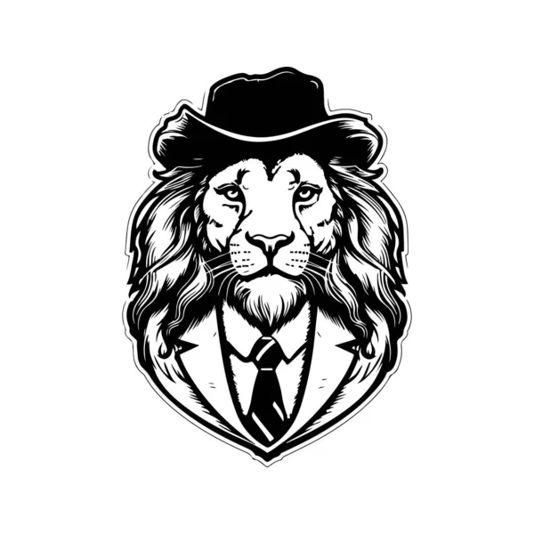 Singa Mengenakan Setelan Jas Logo Vintage Konsep Seni Hitam Dan - Stok Vektor