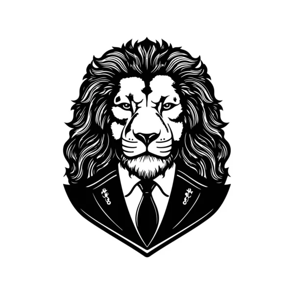 Льва Носить Костюм Винтажный Логотип Линии Художественной Концепции Черно Белый — стоковый вектор