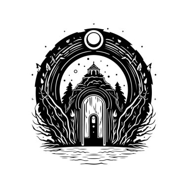 Sihirli portal, klasik logo çizgisi sanat konsepti siyah beyaz renk, el çizimi illüstrasyon