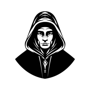 Kapüşonlu adam, klasik logo çizgisi sanat konsepti siyah beyaz, el çizimi illüstrasyon