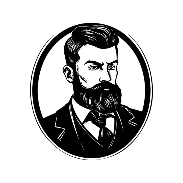 Hombre Barba Traje Vestir Vintage Logotipo Línea Arte Concepto Negro — Vector de stock