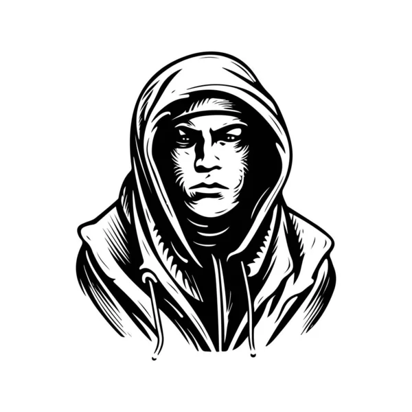 Человек Капюшоне Винтажный Логотип Линия Художественной Концепции Черно Белый Цвет — стоковый вектор