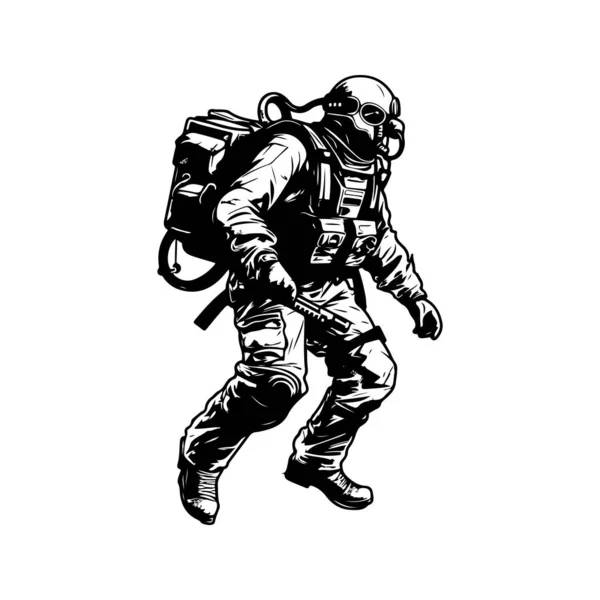 Esoscheletro Combattimento Militare Logo Vintage Line Art Concept Colore Bianco — Vettoriale Stock