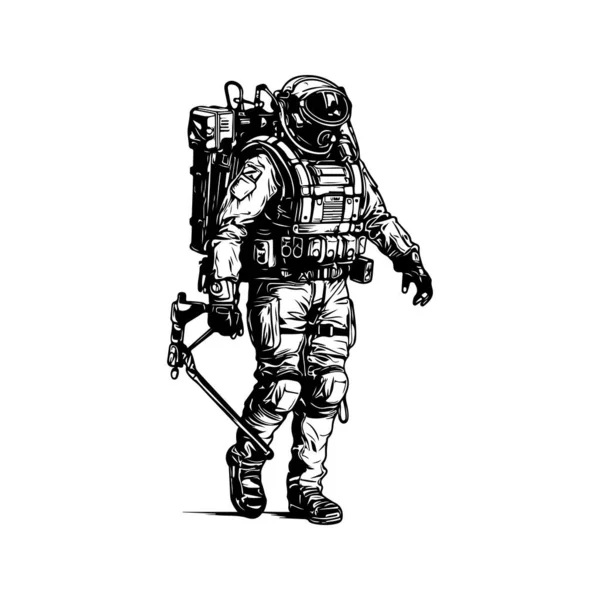 Militärische Kampf Exoskelett Vintage Logo Linie Kunstkonzept Schwarz Weiß Farbe — Stockvektor