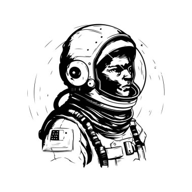 Fütürist astronot, klasik logo çizgisi sanat konsepti siyah-beyaz renk, el çizimi illüstrasyon