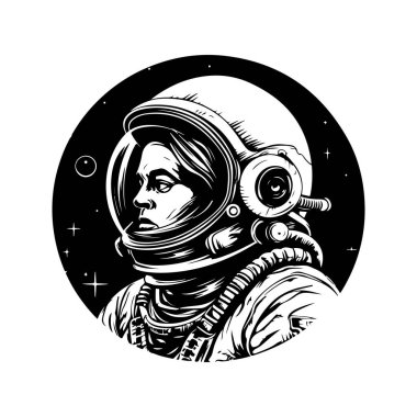 Fütürist astronot, klasik logo çizgisi sanat konsepti siyah-beyaz renk, el çizimi illüstrasyon