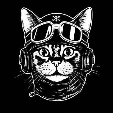 Kedi pilot, klasik logo çizgisi sanat konsepti siyah beyaz renk, el çizimi illüstrasyon