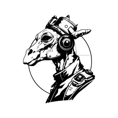 Gelecekçi zürafa asker, klasik logo çizgisi sanat konsepti siyah beyaz, el çizimi illüstrasyon