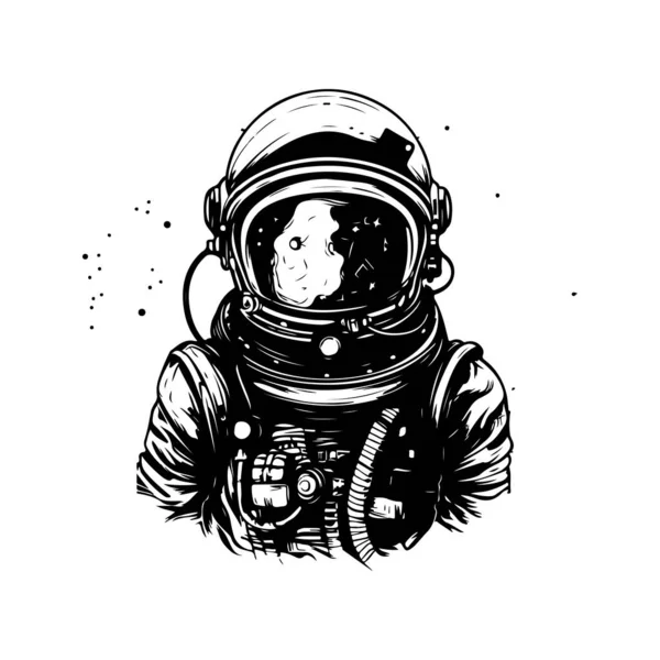 未来の宇宙飛行士ヴィンテージロゴラインアートコンセプト黒と白手描きイラスト — ストックベクタ