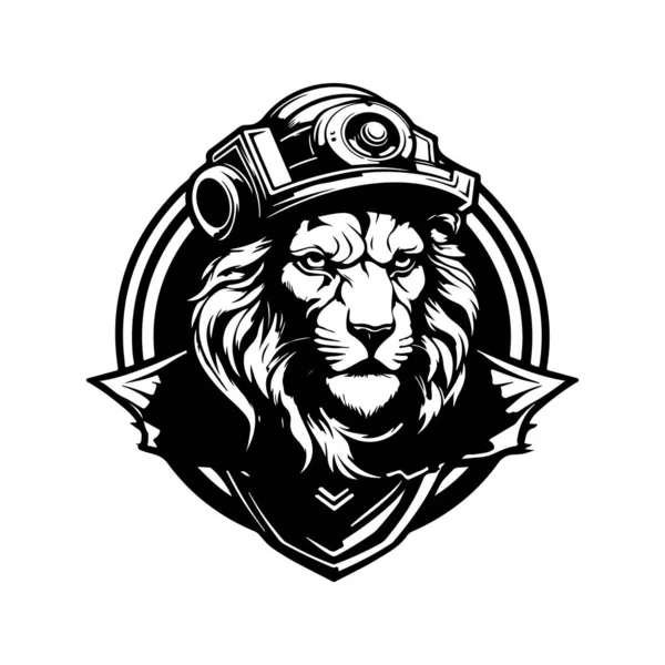 Futuriste Lion Soldat Vintage Logo Ligne Art Concept Noir Blanc — Image vectorielle