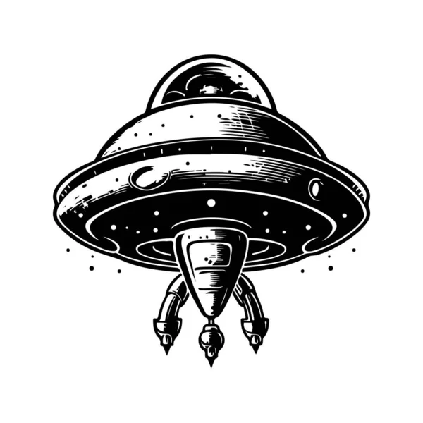 Spaceship Hovering Vintage Logo Line Art Concept Black White Color — Stock Vector