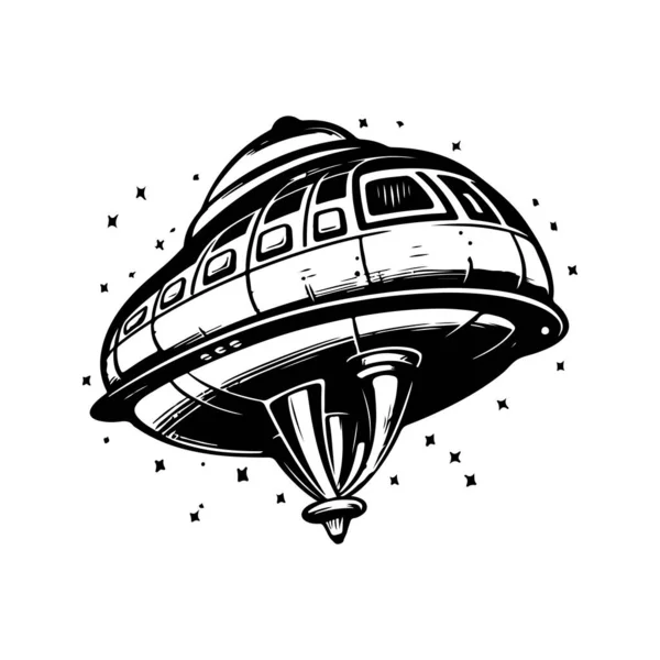 ホバリング宇宙船 ヴィンテージロゴラインアートコンセプト黒と白 手描きイラスト — ストックベクタ