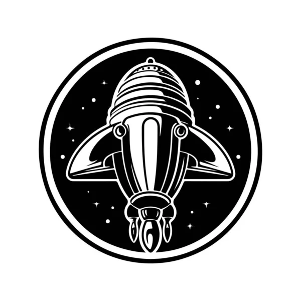 Spaceship Hovering Vintage Logo Line Art Concept Black White Color — Stock Vector