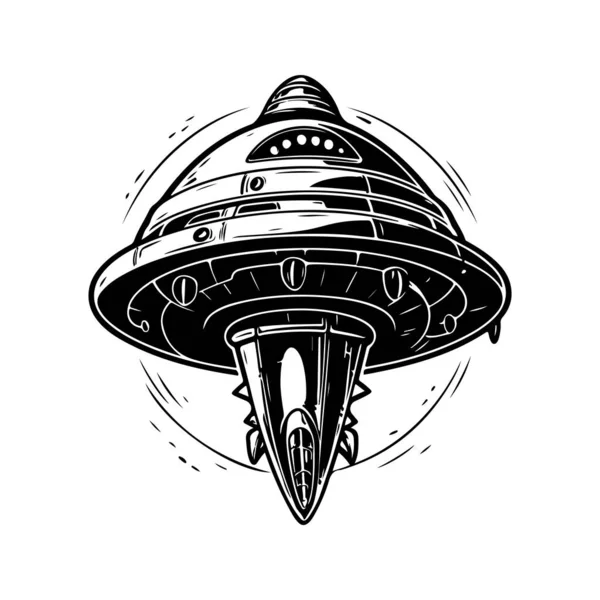 ホバリング宇宙船 ヴィンテージロゴラインアートコンセプト黒と白 手描きイラスト — ストックベクタ