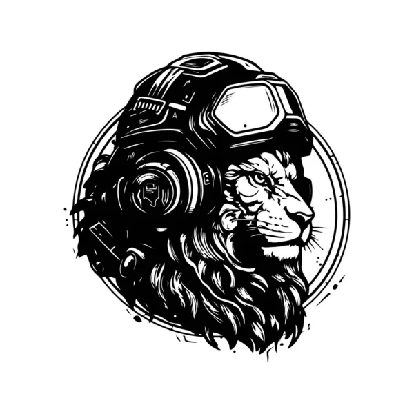 Futuriste Lion Soldat Vintage Logo Ligne Art Concept Noir Blanc — Image vectorielle