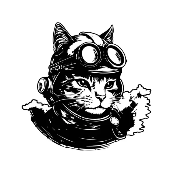 Katze Pilot Vintage Logo Line Art Concept Schwarz Und Weiß — Stockvektor
