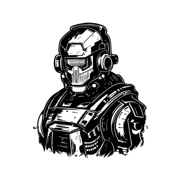 未来机器人士兵 老式标志线艺术概念黑白色彩 手绘插图 — 图库矢量图片