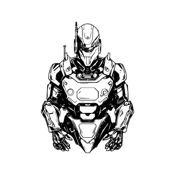 未来机器人士兵 老式标志线艺术概念黑白色彩 手绘插图 — 图库矢量图片