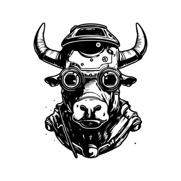 Futuriste Vache Soldat Vintage Logo Ligne Art Concept Noir Blanc — Image vectorielle
