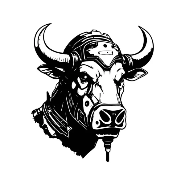 Futuristische Kuh Soldat Vintage Logo Linie Kunstkonzept Schwarz Weiße Farbe — Stockvektor
