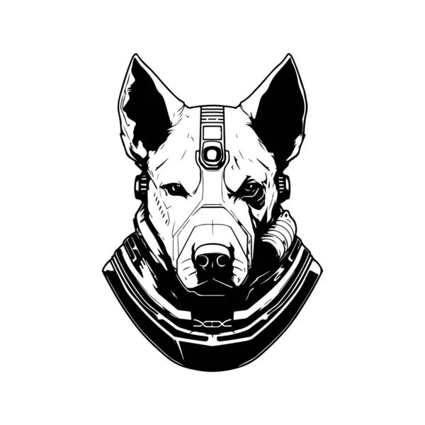 未来的な犬の兵士 ヴィンテージロゴラインアートコンセプト黒と白 手描きイラスト — ストックベクタ