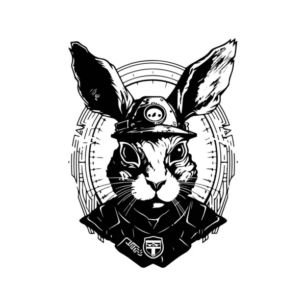 未来的なウサギの兵士 ヴィンテージロゴラインアートコンセプト黒と白 手描きイラスト — ストックベクタ