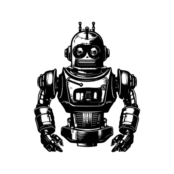 未来型ロボットヴィンテージロゴラインアートコンセプト黒と白手描きイラスト — ストックベクタ