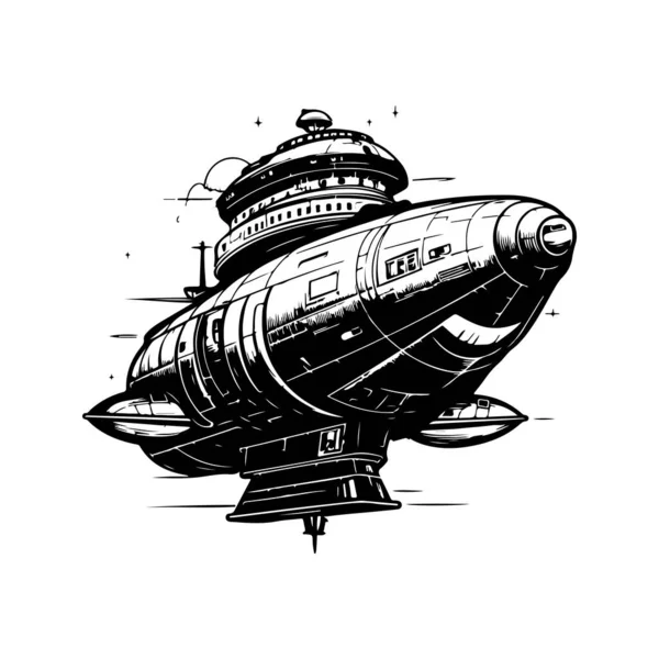 Гигантский Космический Корабль Винтажный Логотип Линии Художественной Концепции Черно Белый — стоковый вектор