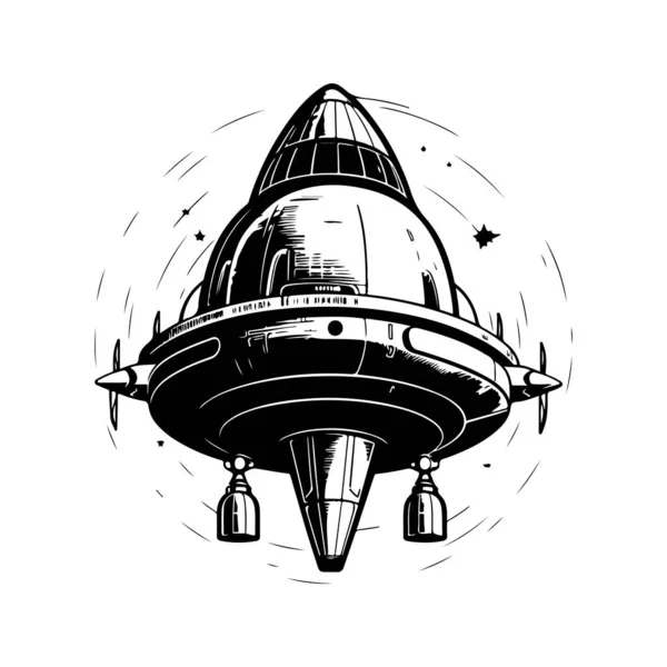 巨大宇宙船ヴィンテージロゴラインアートコンセプト黒と白手描きイラスト — ストックベクタ