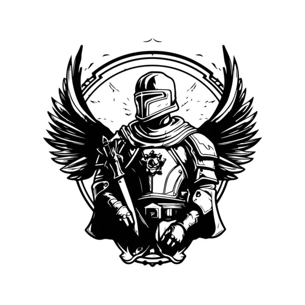 Himmlischer Soldat Vintage Logo Line Art Concept Schwarz Und Weiß — Stockvektor