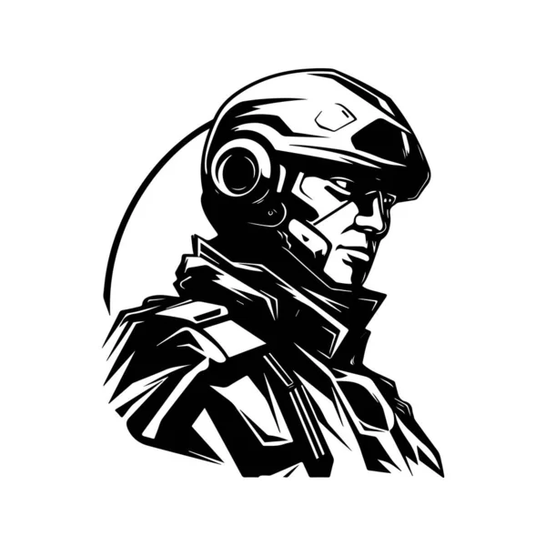 Futuristisk Soldat Vintage Logo Linje Konst Koncept Svart Och Vit — Stock vektor