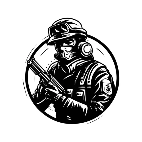 Futuristic Soldier Vintage Logo Line Art Concept Black White Color — Stock Vector