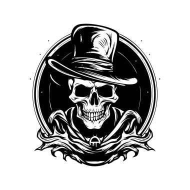 gizemli ölümsüz, antika logo çizgisi sanat konsepti siyah beyaz renk, el çizimi illüstrasyon