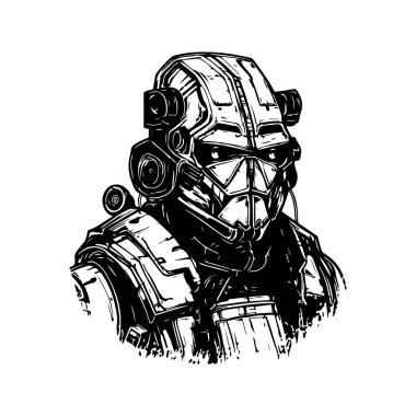 Bilim kurgu askeri robot savaşçı, klasik logo çizgisi sanat konsepti siyah-beyaz renk, el çizimi illüstrasyon