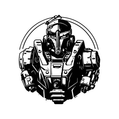 Bilim kurgu askeri robot savaşçı, klasik logo çizgisi sanat konsepti siyah-beyaz renk, el çizimi illüstrasyon