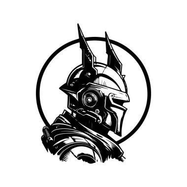 Bilim kurgu robotu boynuzlu şövalye, klasik logo çizgisi sanat konsepti siyah ve beyaz renk, el yapımı illüstrasyon