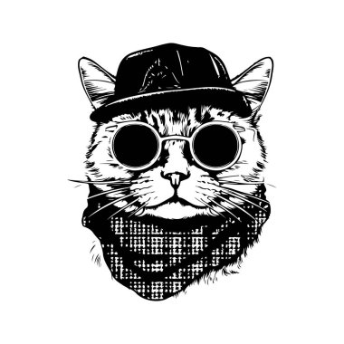 Güneş gözlüğü ve eşarp takan İskoç kedisi, klasik logo çizgisi sanat konsepti siyah beyaz, el çizimi illüstrasyon